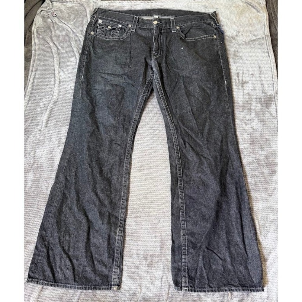 True Religion Mens Striaght Jeans 40x34 Black Charcoal Camo Horseshoe Logo